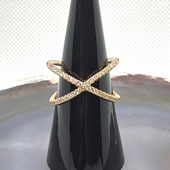 AN TH Jewelry - NEW 925 Silver Rose Gold Vermeil Pave CZ Criss Cross Ring Architectural Size 8